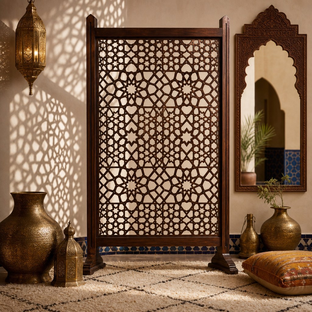 Moroccan mashrabiya carved wood screen room divider in dark walnut with intricate Islamic geometric laser-cut pattern, casting dramatic shadow patterns across cream plaster wall behind, Moroccan arched carved wood mirror beside it, hammered brass vases below