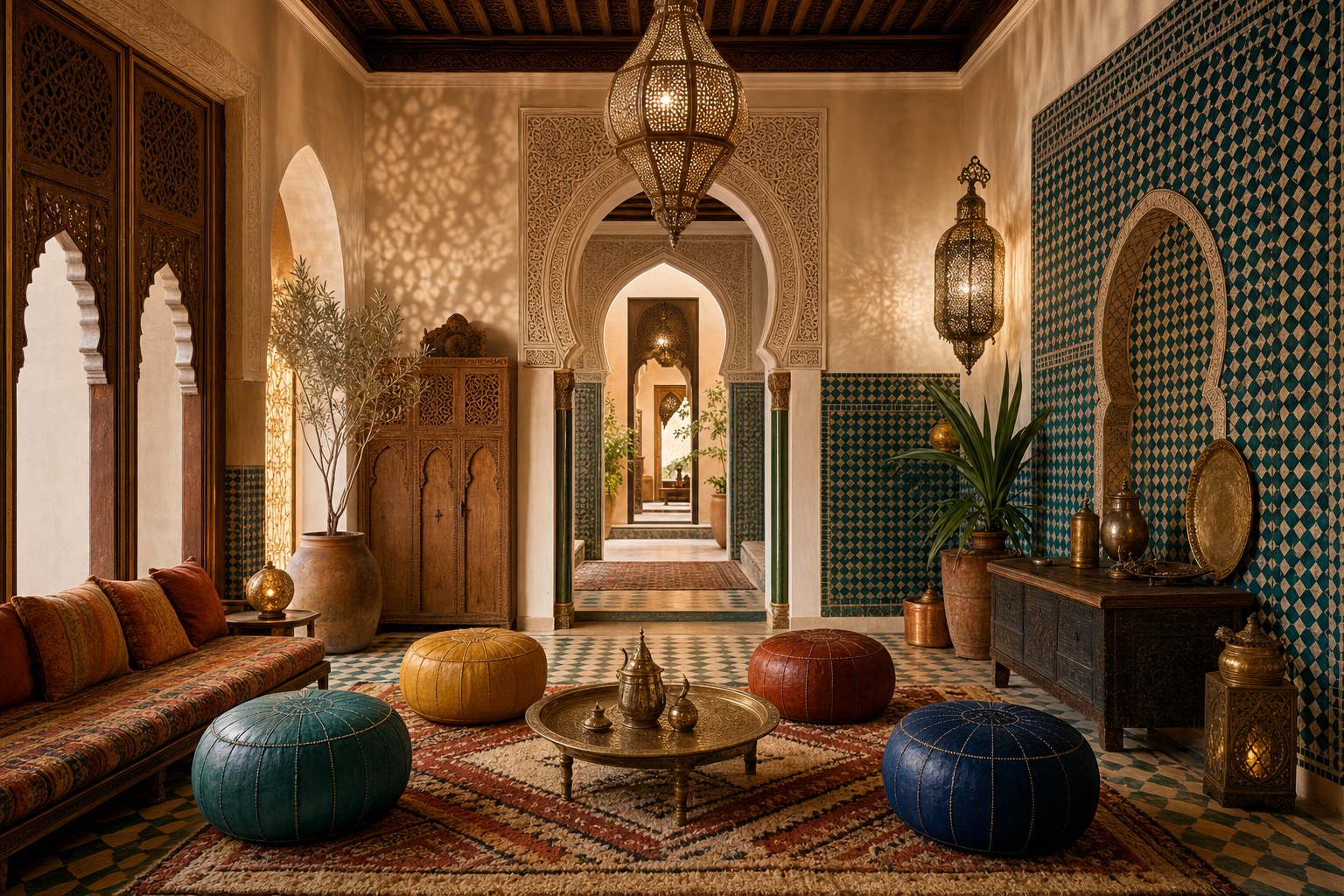 Moroccan riad interior with zellige tile in deep teal geometric pattern, pierced brass pendant lantern casting lattice shadow pattern, leather poufs in jewel tones arranged on handwoven kilim rug, horseshoe arched doorway with carved plaster surround