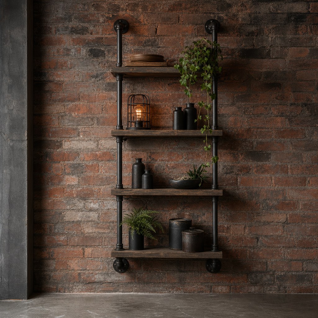Modern industrial accent wall with exposed brick texture in warm terracotta and charcoal tones, matte black pipe bracket shelf attached to brick wall holding industrial-style accessories, raw concrete floor visible at base
