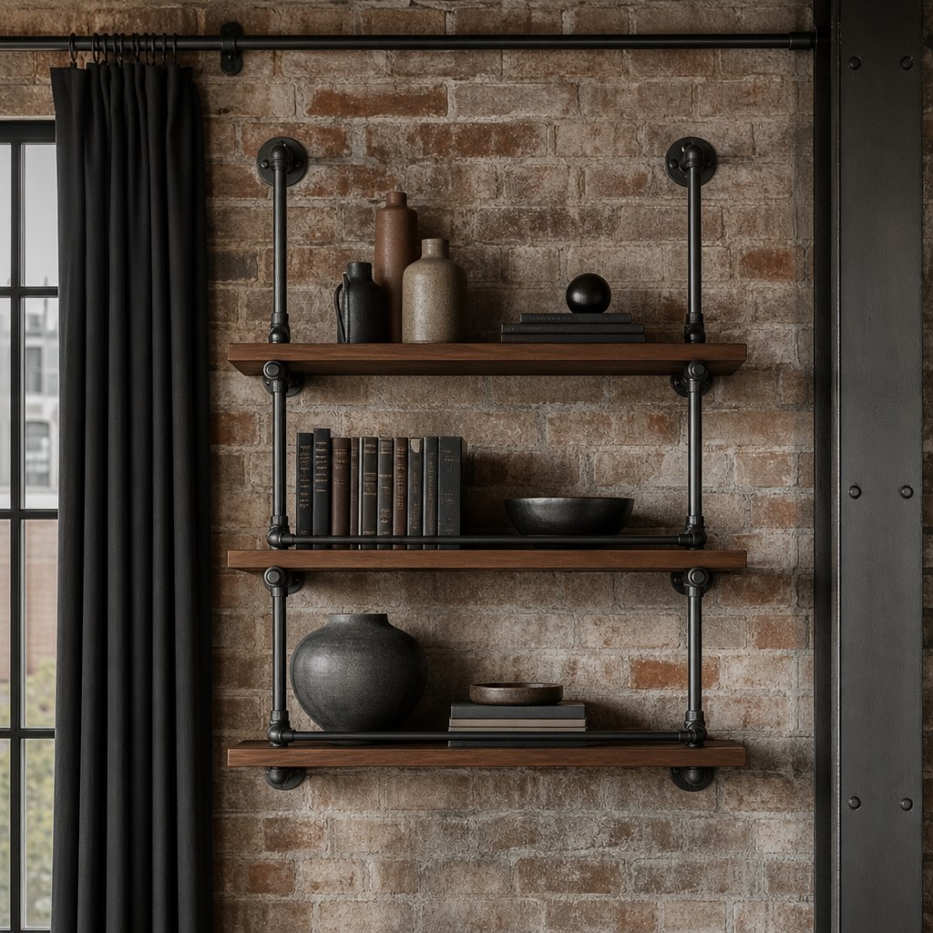 Matte black industrial pipe bracket shelving system on exposed brick wall, three walnut wood shelves supported by plumbing-style pipe flanges and horizontal pipe rails, industrial books and ceramic accessories on shelves, matte black curtain rod above