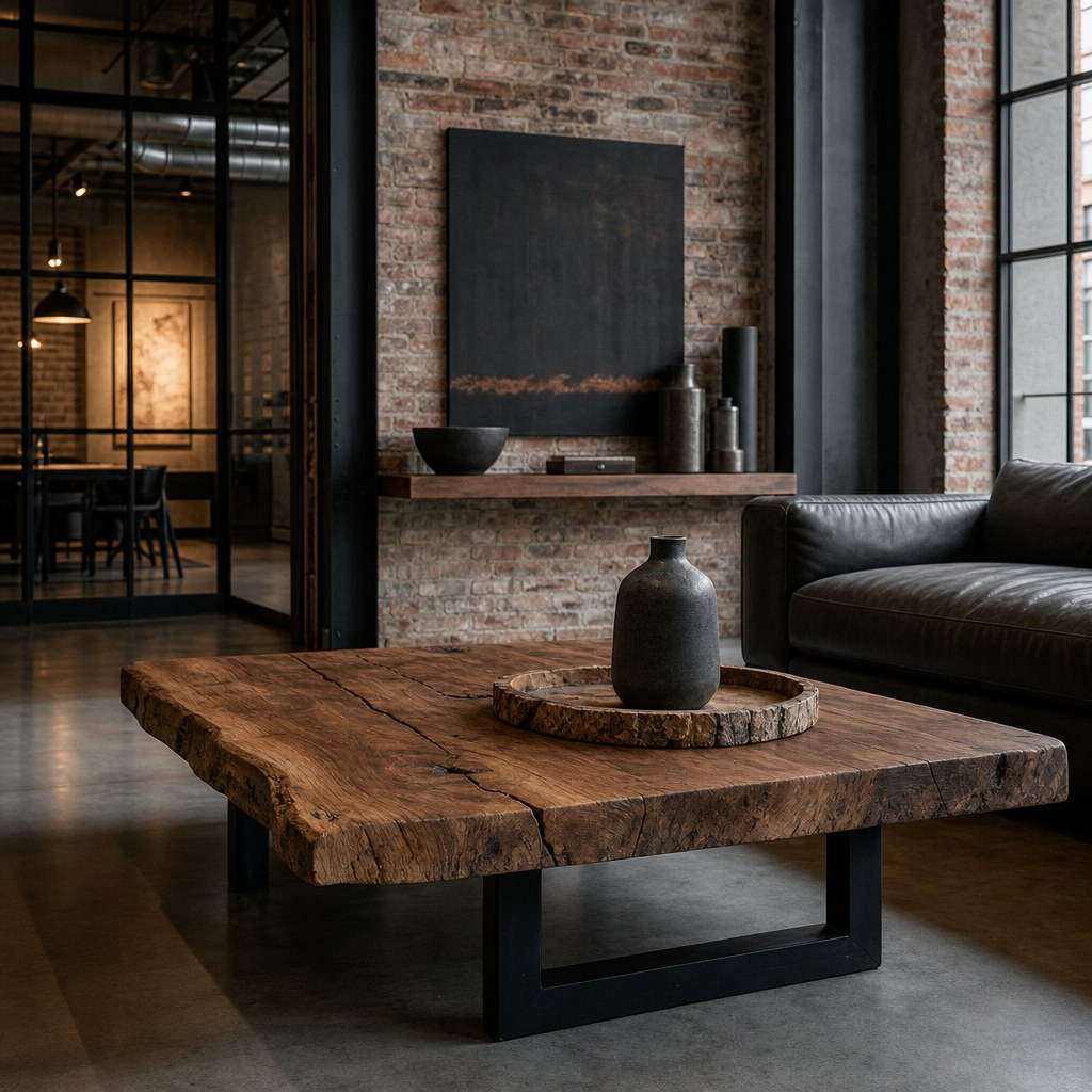 Reclaimed wood coffee table with live edge and visible grain knots and imperfections on concrete-look floor, walnut floating shelf on exposed brick wall holding industrial accessories, raw edge wood tray as surface detail on table
