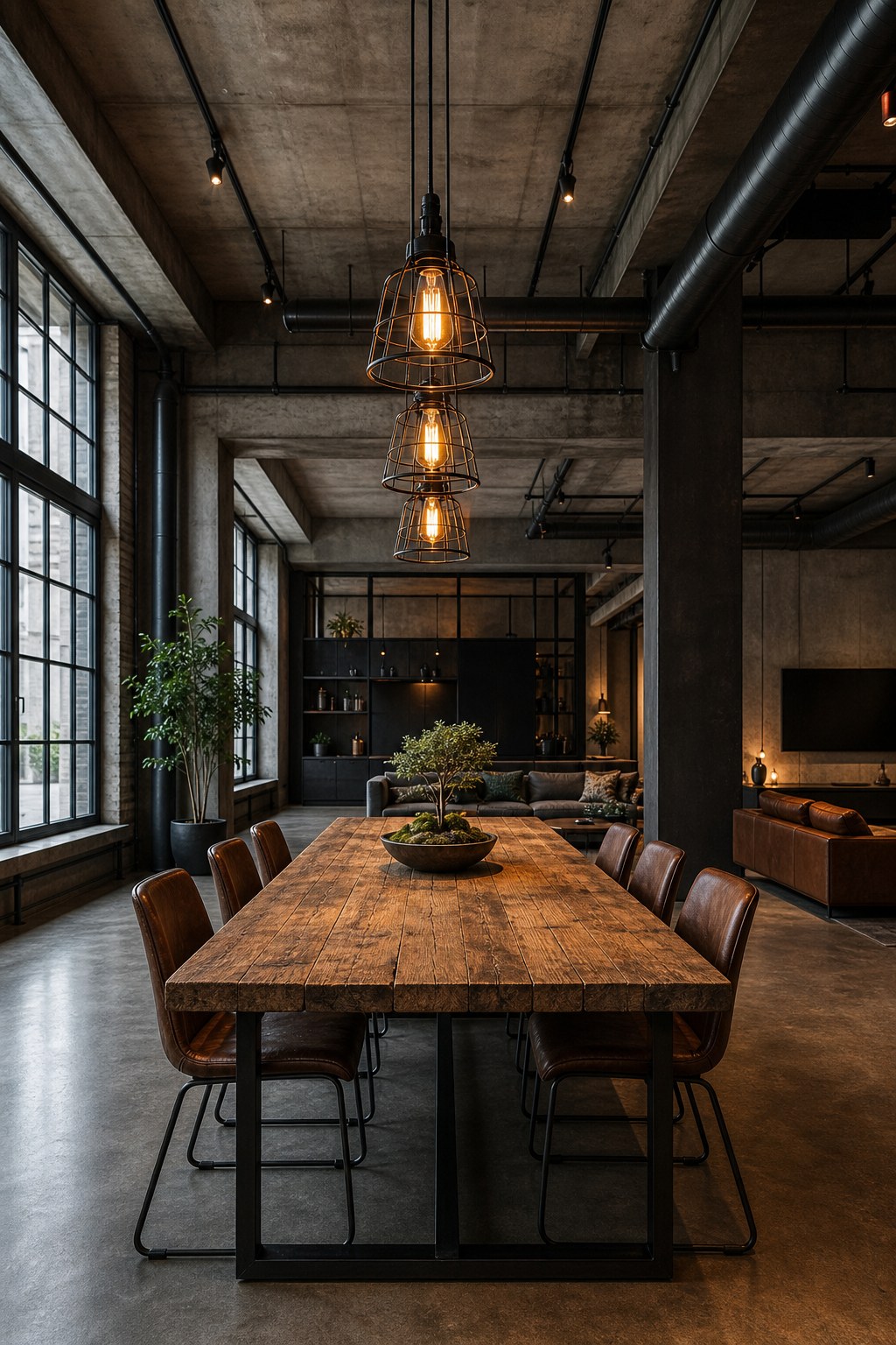 Industrial cage-style Edison pendant light cluster of three suspended on black cord over dining area, warm amber filament bulb glow illuminating reclaimed wood dining table below, matte black rail track lighting visible on concrete ceiling behind