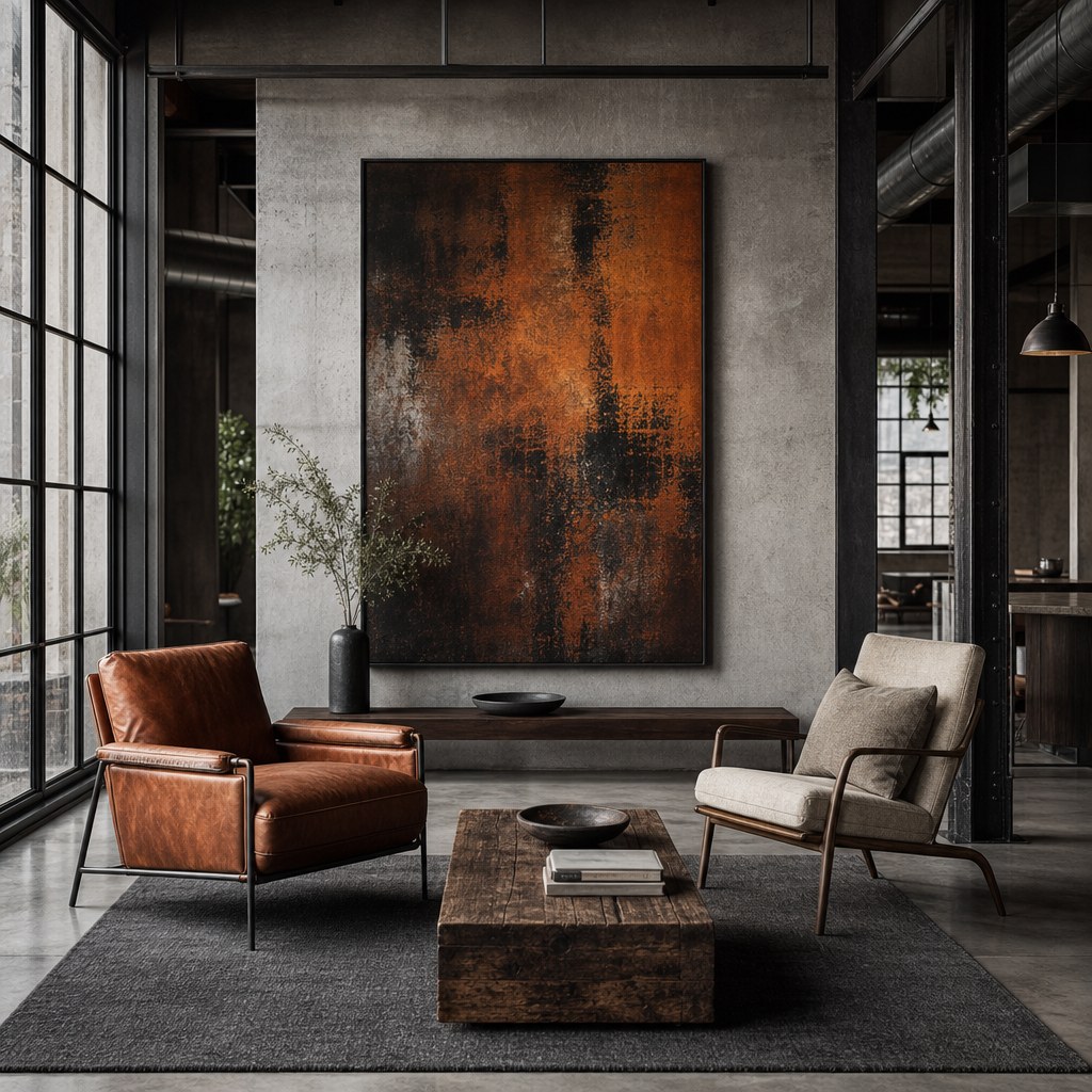 Modern industrial living room seating: cognac brown leather accent chair with visible stitching beside reclaimed wood coffee table, natural linen canvas accent chair opposite, charcoal grey area rug defining seating zone on concrete-look floor