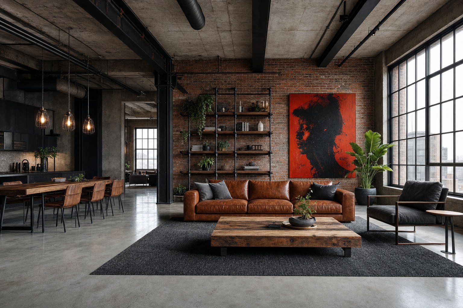 Modern industrial loft living room with exposed brick accent wall, matte black pipe shelving unit holding books and plants, reclaimed wood coffee table with visible grain and knots, cognac leather sofa, Edison bulb cage pendant over dining area