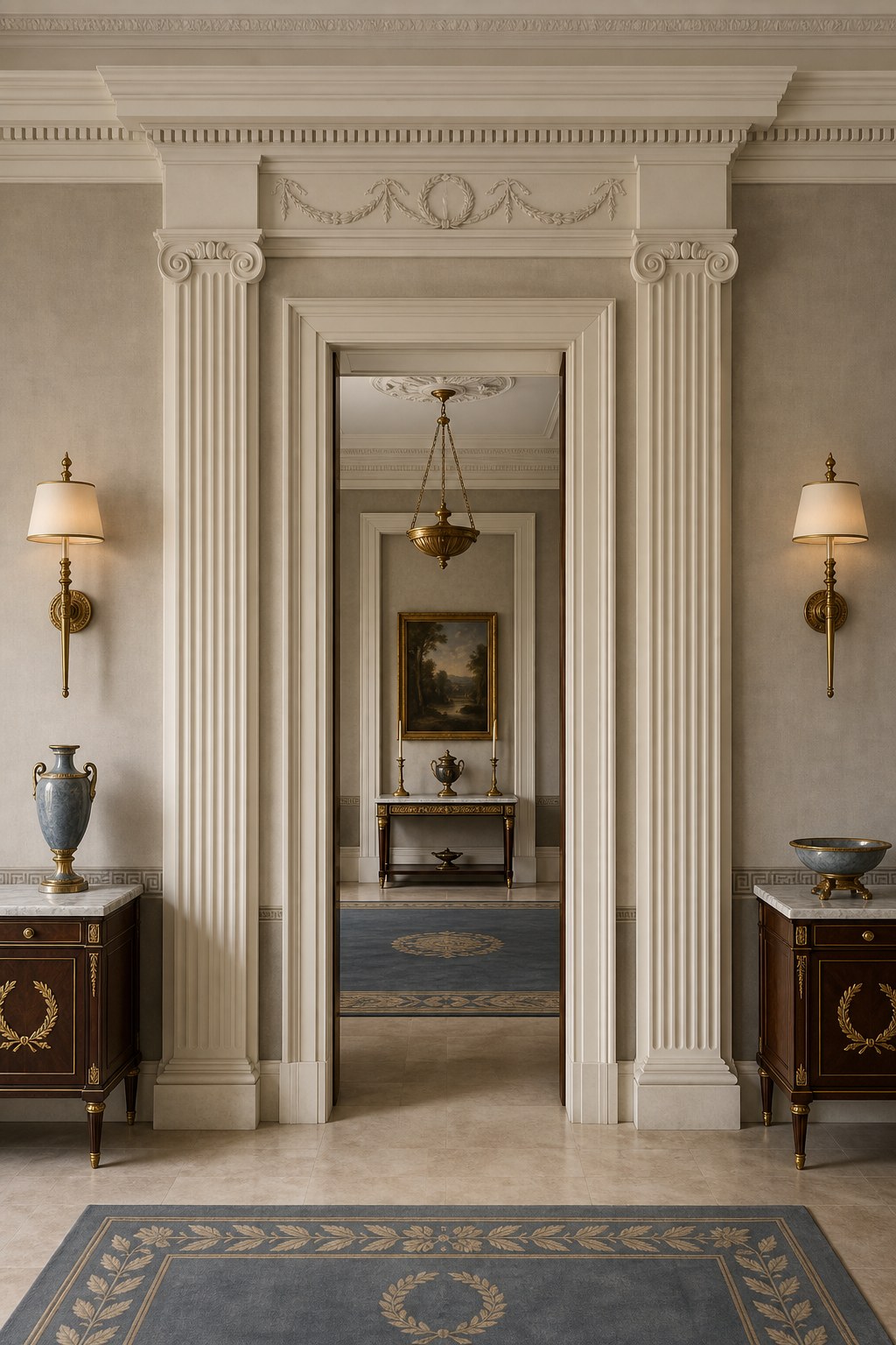 Neoclassical architectural millwork detail: ivory painted Ionic pilasters with fluted shafts flanking a doorway, deep plaster cornice molding at ceiling line, Greek key pattern wallpaper border at baseboard level, and symmetrical wall sconces on either side of the architectural frame