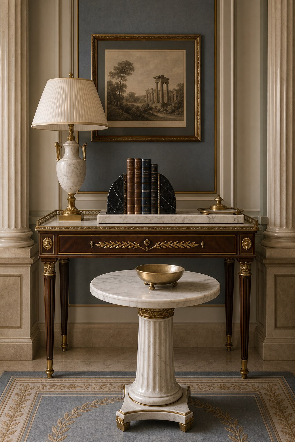 Neoclassical marble surface detail: white Carrara marble rectangular tray with grey veining on a brass-inlay console table, a pair of black nero marquina marble bookends flanking leather-bound books, a round genuine marble side table with pedestal base, and a white marble lamp base with gilded brass fittings