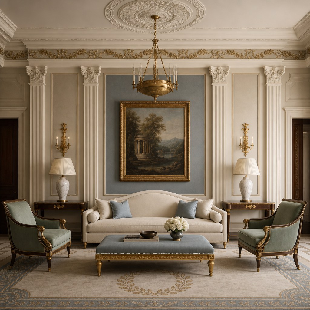 Neoclassical symmetrical furniture arrangement: ivory velvet camelback sofa centered on axis with two matching Klismos-style armchairs in sage green flanking it at equal distance, rectangular upholstered bench as coffee table, white marble lamp bases on matching console tables at each end, everything arranged in strict bilateral symmetry
