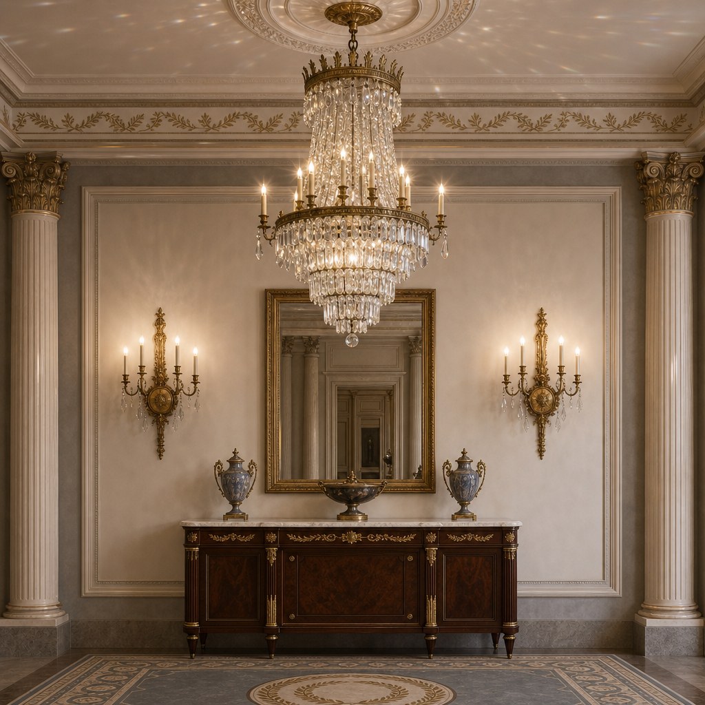 Neoclassical crystal chandelier: tiered crown chandelier in antique brass finish with K9 crystal drops cascading in three descending tiers, centered on the ceiling axis of an ivory-walled room, paired with matching brass wall sconces at equal height on flanking walls, warm candlelight-temperature bulbs creating prismatic sparkle across the ceiling