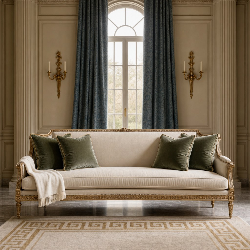 Neoclassical velvet upholstery detail: ivory velvet sofa with exposed carved wood frame in antique gold finish, sage green velvet throw pillows arranged in matched pairs, deep blue silk damask drapery panels falling floor to ceiling beside a tall arched window, a single cashmere ivory throw folded at sofa arm, and a Greek key pattern area rug in ivory and gold at the base