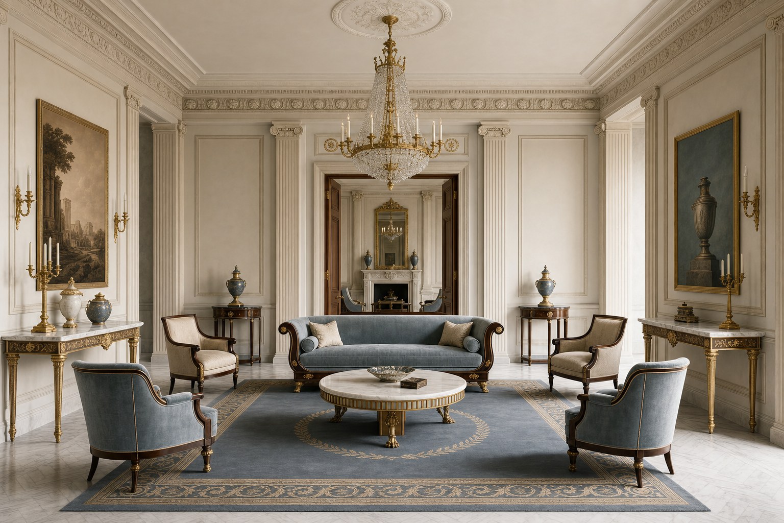Neoclassical interior with tall fluted columns flanking a doorway, white marble floors in a herringbone pattern, a gilded crystal chandelier centered on the ceiling axis, velvet upholstered chairs arranged in bilateral symmetry, and ivory walls with deep plaster cornice moldings