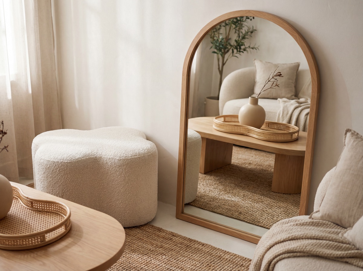 Organic modern biomorphic curves: cloud-shaped boucle accent stool, arched floor mirror in natural wood frame leaning against warm white wall, kidney-shaped rattan tray on oval coffee table with ceramic vase, all curves and no sharp corners