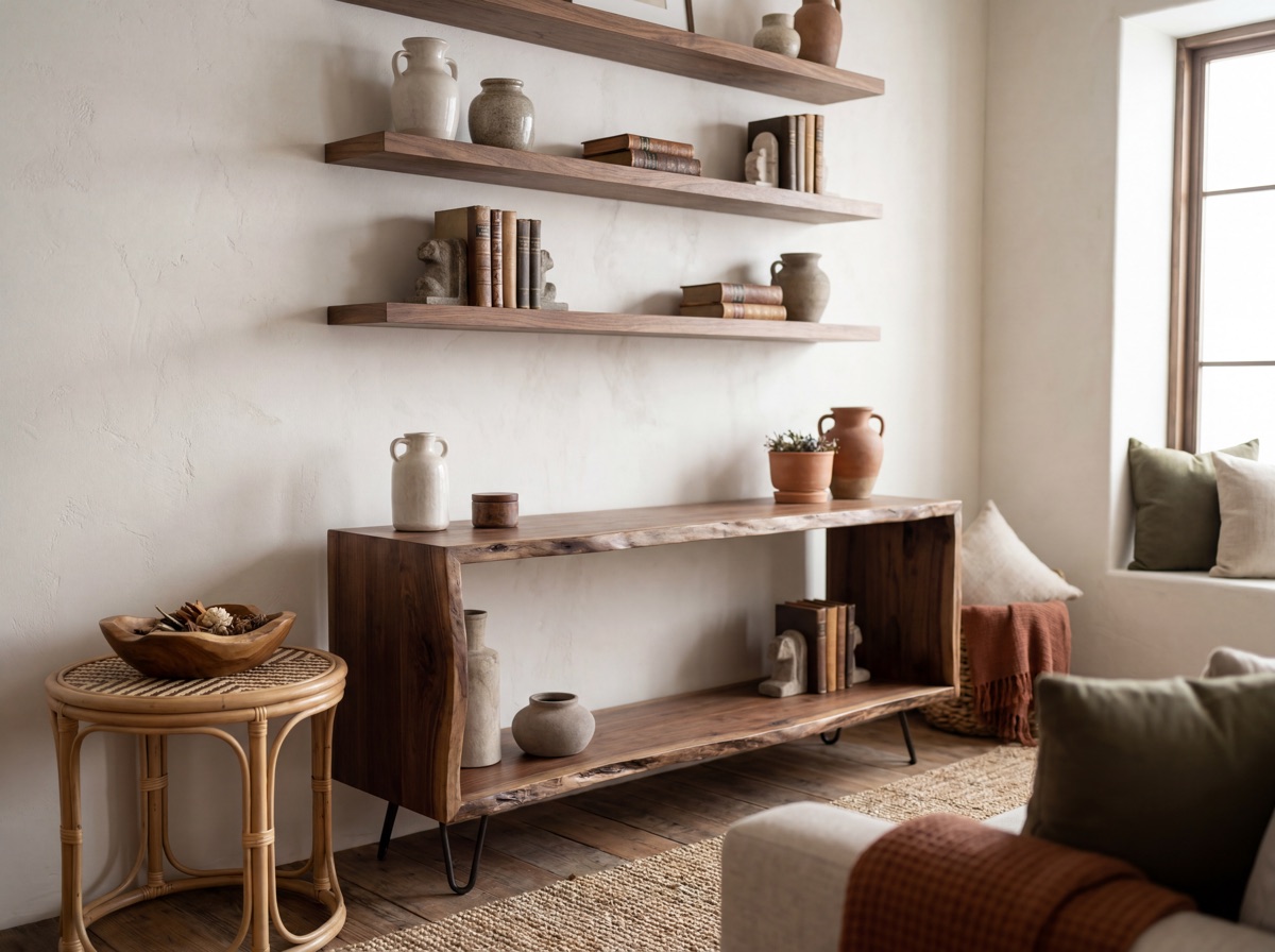 Organic modern live-edge wood: live-edge walnut console table with natural irregular edge and hairpin legs, walnut floating shelves with visible grain against warm white wall, rattan accent table with woven texture, carved acacia wood bowl as decorative object