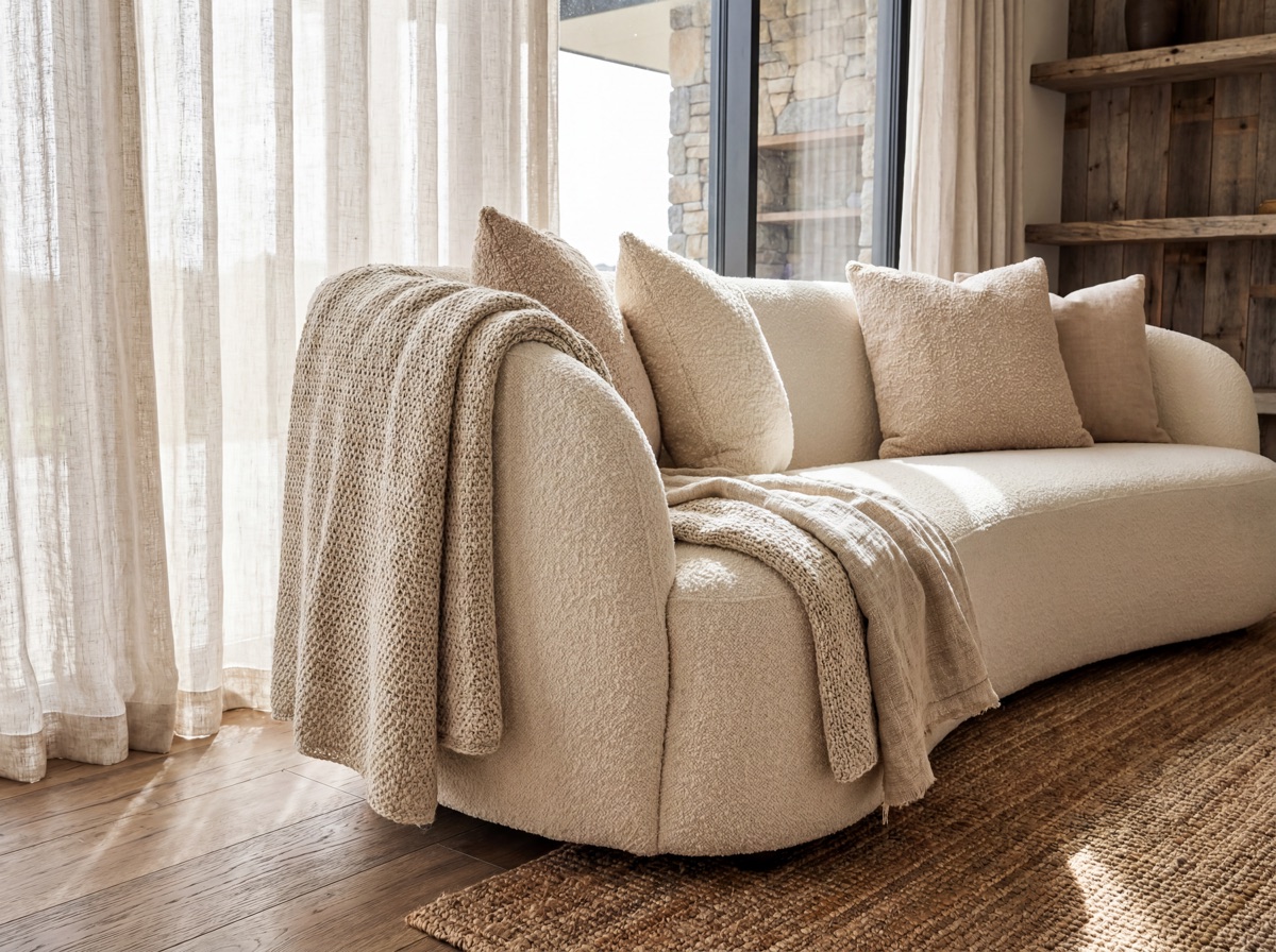 Organic modern linen and boucle textile layer: boucle pillow covers in warm cream on curved sofa, linen natural curtain panels at window, chunky knit linen throw draped over sofa arm, jute area rug with visible woven texture on warm wood floor