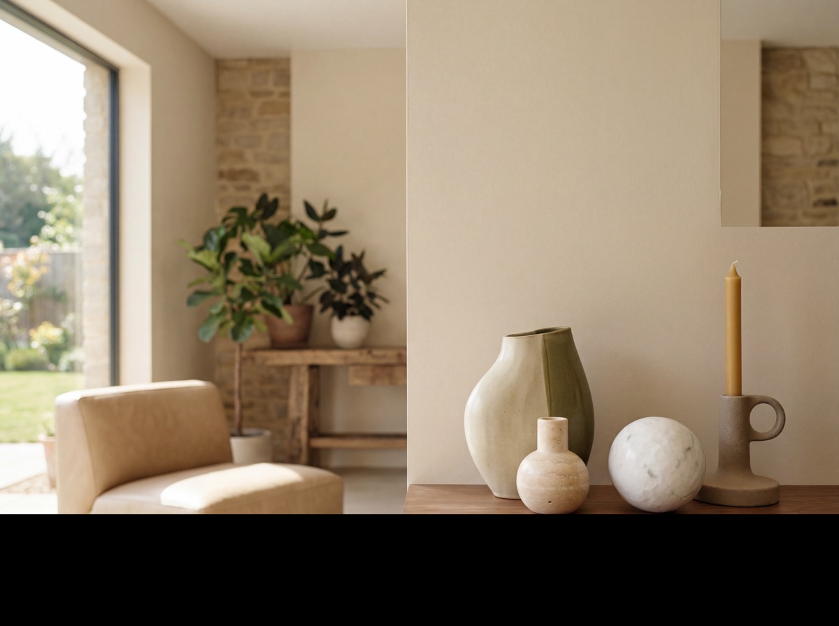 Organic modern sculptural ceramics and stone: handmade asymmetric stoneware vase in warm beige with visible pottery marks on walnut shelf, honed travertine bud vase on coffee table, rough-hewn marble sphere on entry console, textured matte ceramic candle holder in natural stone tone