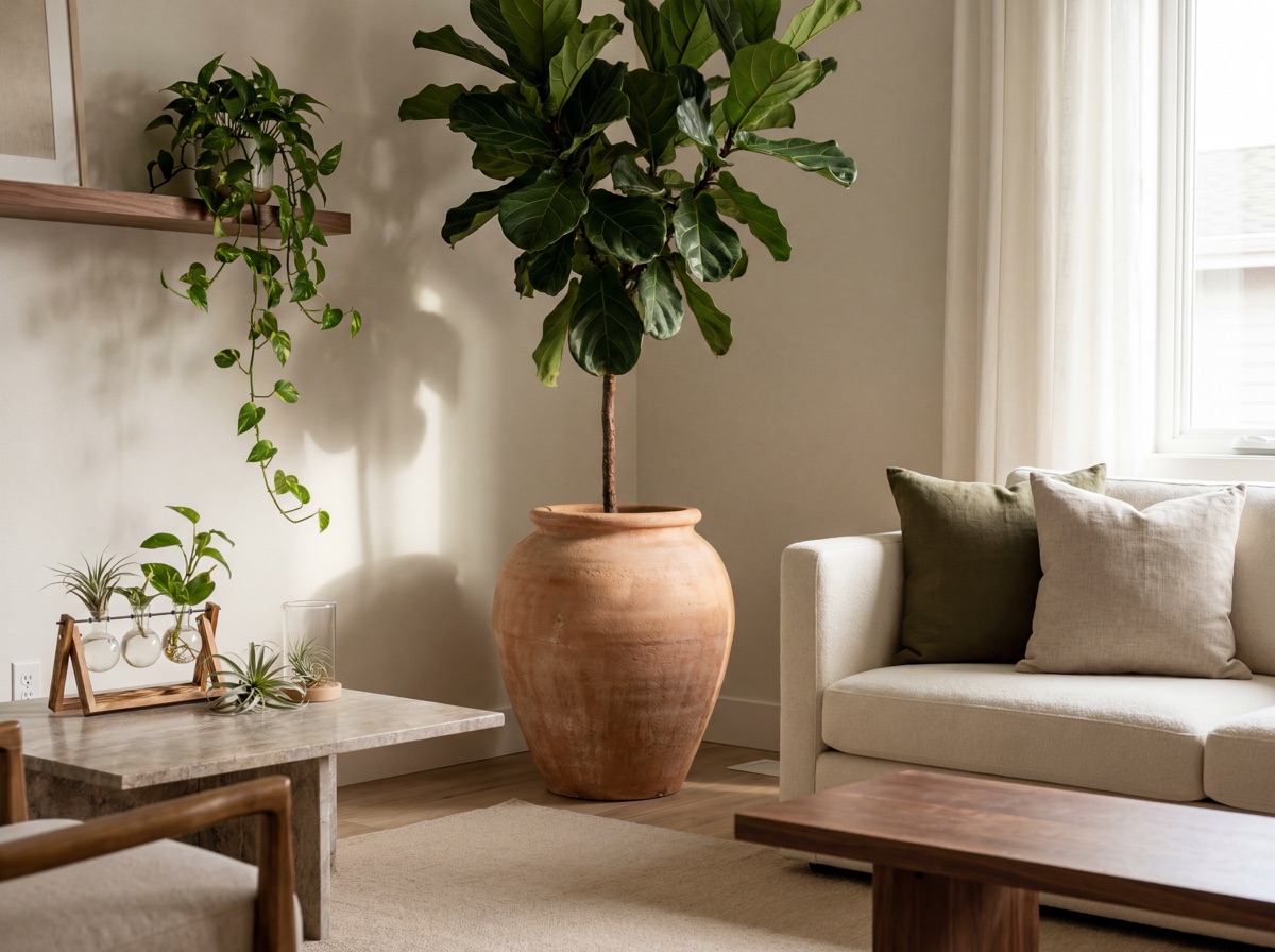 Organic modern structural indoor plants: large fiddle-leaf fig tree at six feet in oversized textured ceramic pot anchoring living room corner, trailing pothos on walnut floating shelf, small grouping of propagation vessels and air plants on coffee table in warm organic modern room