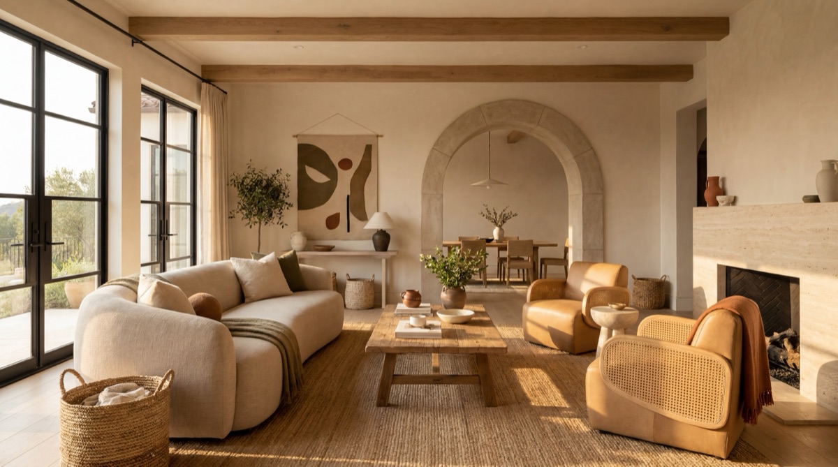 Organic modern living room with curved cream boucle sofa, live-edge walnut coffee table, large fiddle-leaf fig in textured ceramic pot, sculptural stone vase on floating shelf, warm neutral walls in creamy off-white, and linen throw draped over sofa arm
