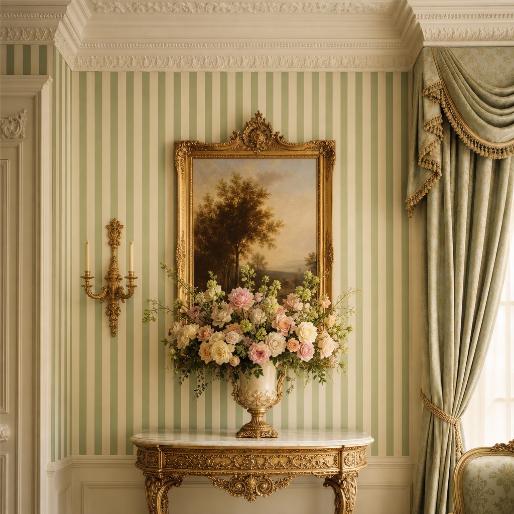Regency-style striped wallpaper in cream and sage green vertical stripe pattern on a drawing room wall with ornate white plaster ceiling cornice, beside a gilded picture frame and formal window treatment
