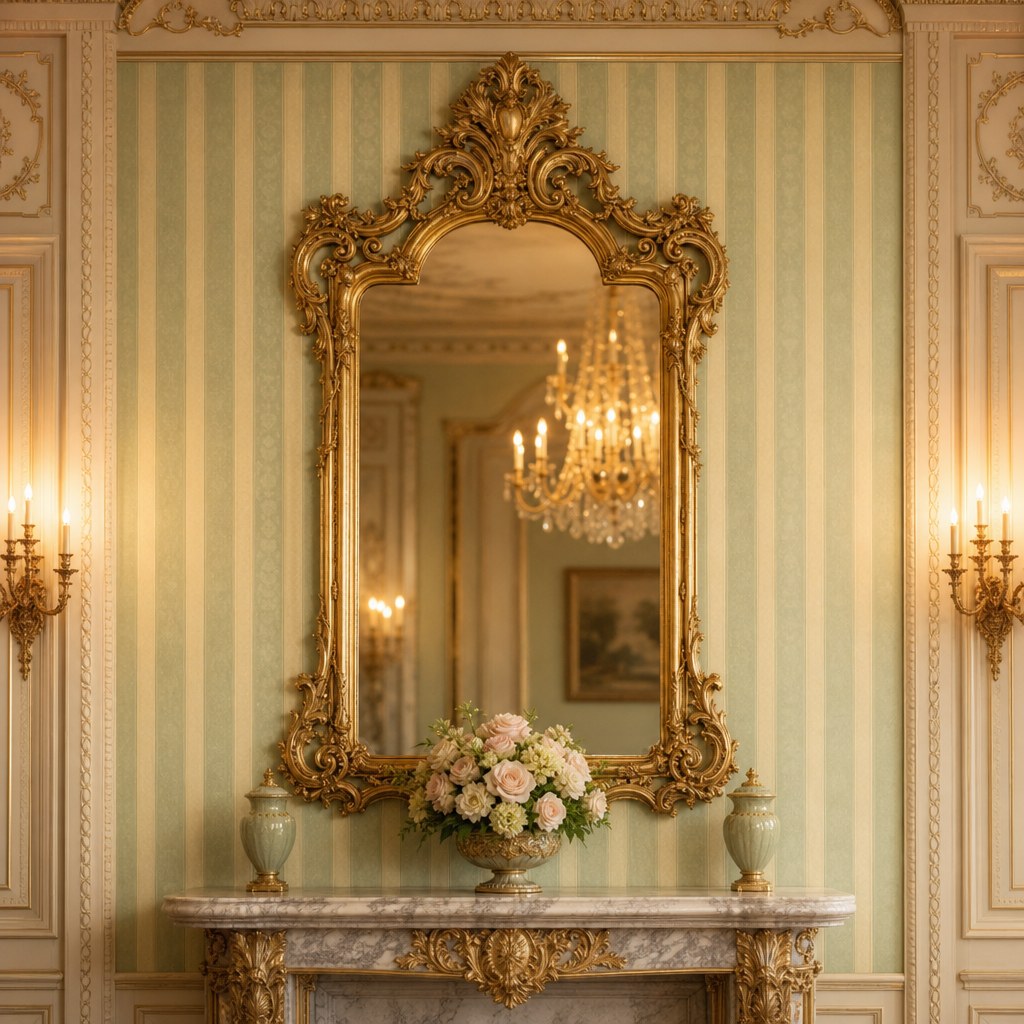 Ornate gilded gold mirror with scrollwork frame hung above a marble console table against cream and sage stripe wallpaper in a Regency-style drawing room, reflecting warm chandelier light