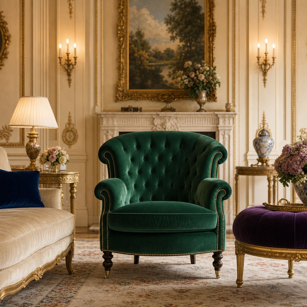 Regency-style jewel-tone velvet seating: emerald green velvet tufted accent chair with curved rolled arms and brass nailhead trim, sapphire velvet throw pillow on cream sofa, velvet ottoman in deep amethyst with gilded legs