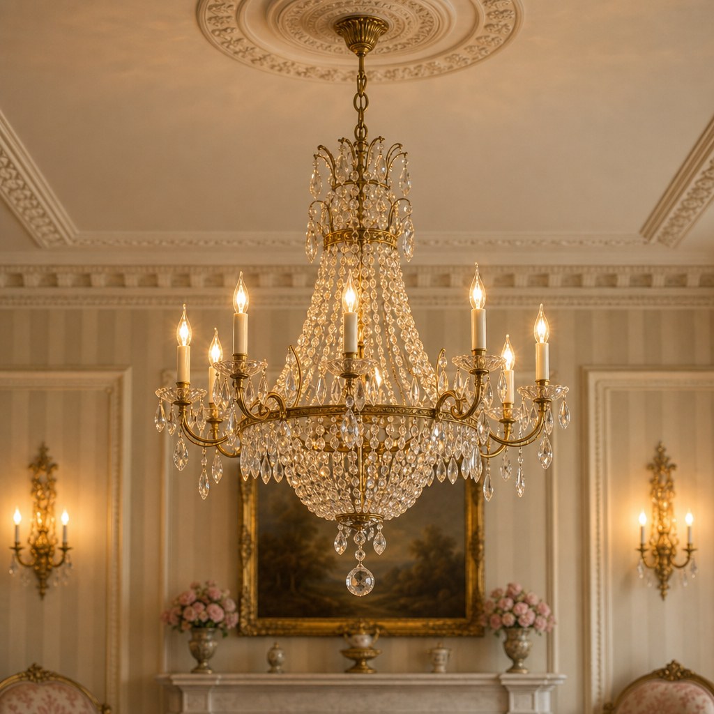 Regency-style ornate crystal chandelier with brass arms and teardrop crystal drops casting warm amber light in an elegant drawing room, flanked by brass candle wall sconces on cream striped wallpaper