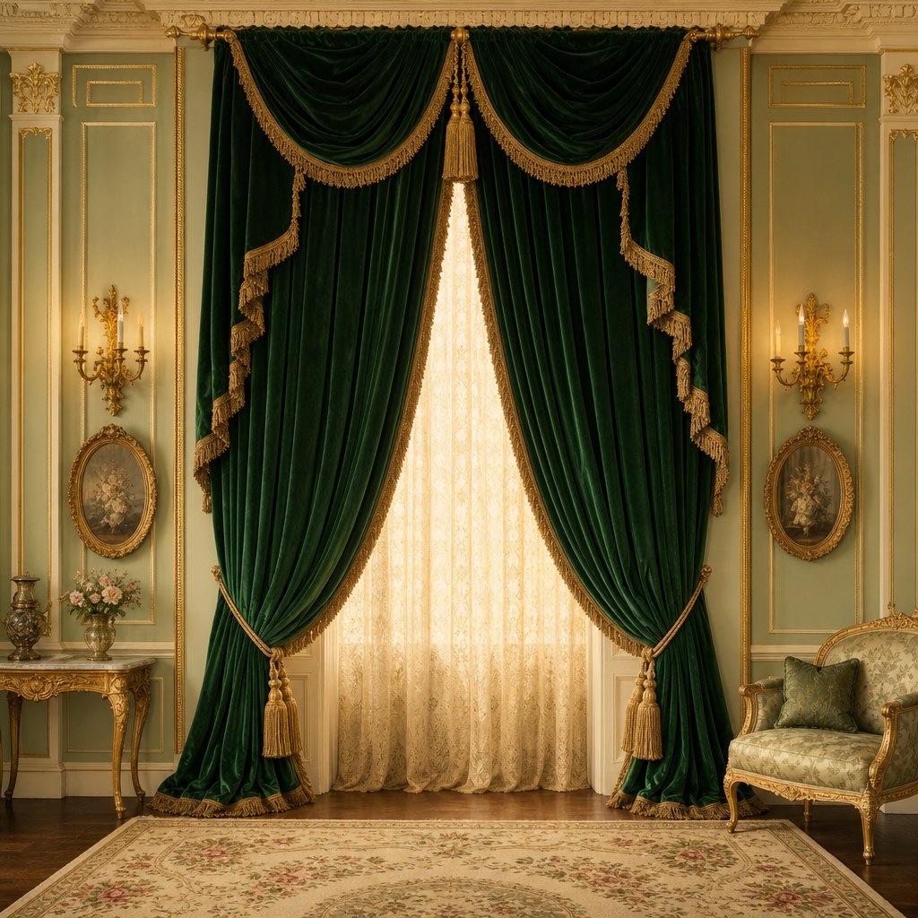 Regency-style formal drapes in deep emerald green velvet with gold tassel tiebacks and bullion fringe trim at floor-to-ceiling height in a grand drawing room, cream crown molding visible above, wool floral rug on dark hardwood floor