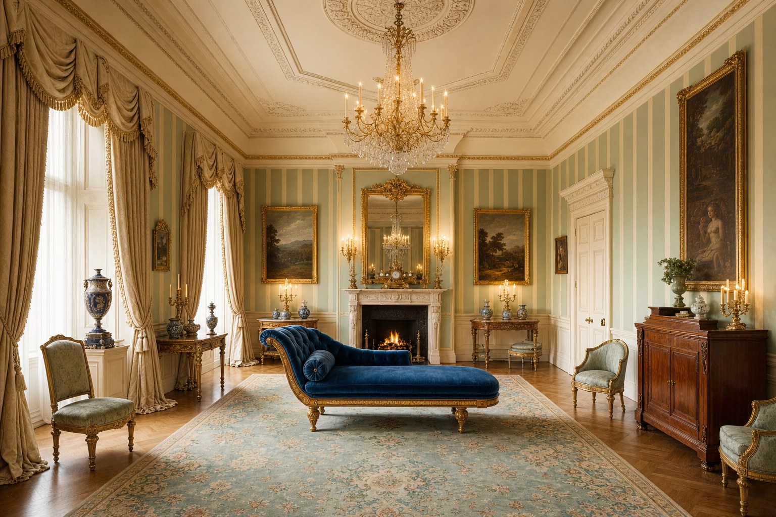 Regency-style grand British interior with ornate gilded mirror above marble fireplace, sapphire velvet chaise longue, vertically striped wallpaper in cream and sage, crystal chandelier casting warm light, formal cream drapes with tassel trim