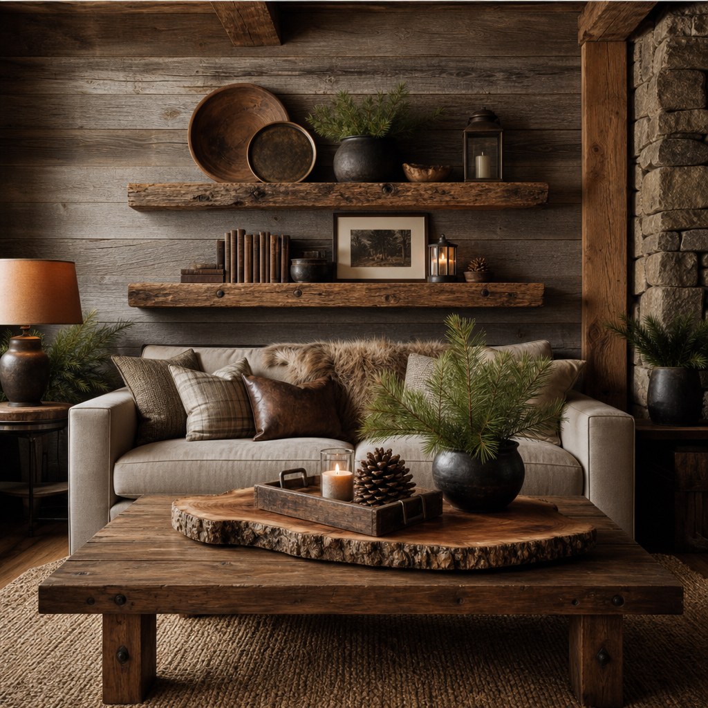 Rustic reclaimed wood interior: barn wood floating shelves with weathered gray and brown grain, live-edge wood serving board on coffee table, shiplap accent wall behind sofa in warm gray tones, reclaimed wood tray with pinecone and candle styling