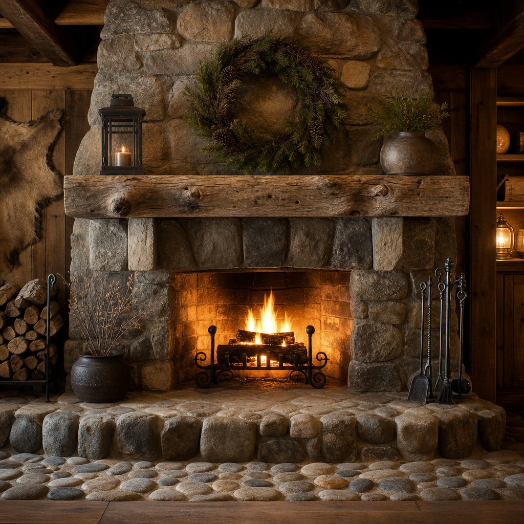Rustic stone fireplace surround: stacked fieldstone with tan and gray tones, cast iron log holder, rough-hewn timber mantel beam, river rock hearth extending into the room with warm fire light reflecting off stone surfaces