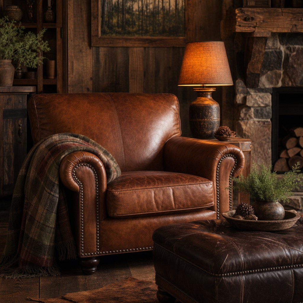 Rustic leather seating: full-grain cognac leather armchair with aged patina and brass nail-head trim, dark espresso leather ottoman serving as coffee table, plaid wool throw draped over arm, warm amber lamp light casting shadow on reclaimed wood floor