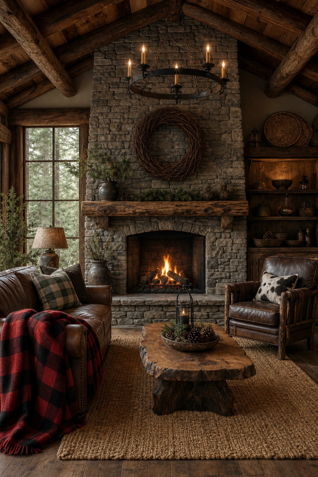 Rustic plaid textile foundation: buffalo check wool throw blanket in red and black draped over leather sofa arm, jute area rug in natural honey-tan color on wood floor, plaid pillow covers in forest green and cream, cowhide accent cushion on armchair