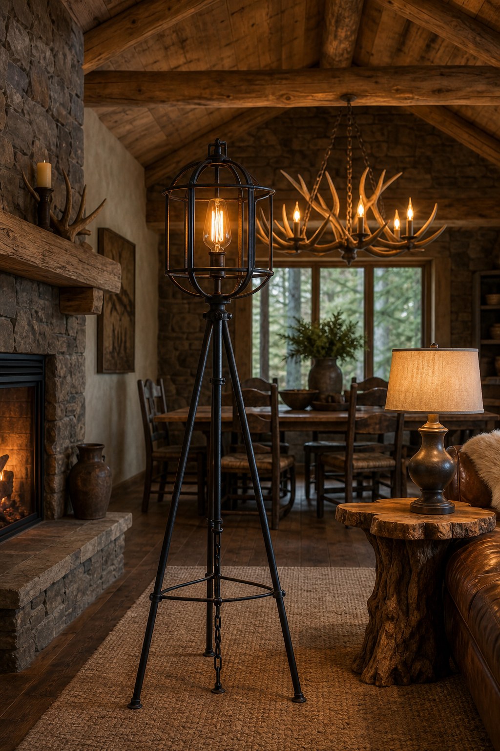 Rustic wrought-iron lighting: matte black forged iron tripod floor lamp with Edison vintage bulb casting warm amber glow, antler-style chandelier above dining table, oil-rubbed bronze table lamp on live-edge wood base with cream linen shade