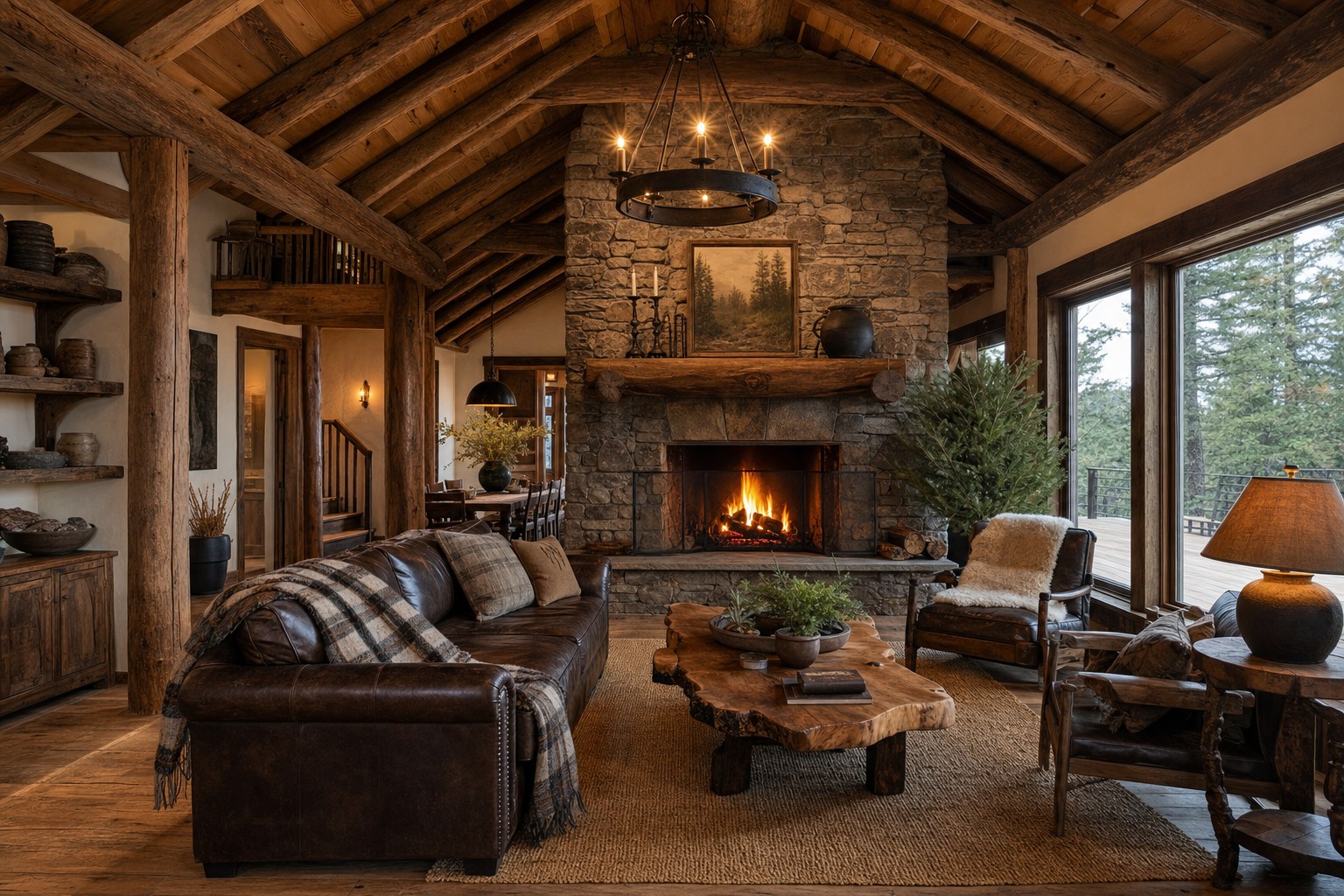 Rustic cabin interior with exposed timber ceiling beams, stacked stone fireplace with roaring fire, dark leather sofa with plaid throw blanket, jute area rug, and wrought-iron pendant lighting casting warm amber light