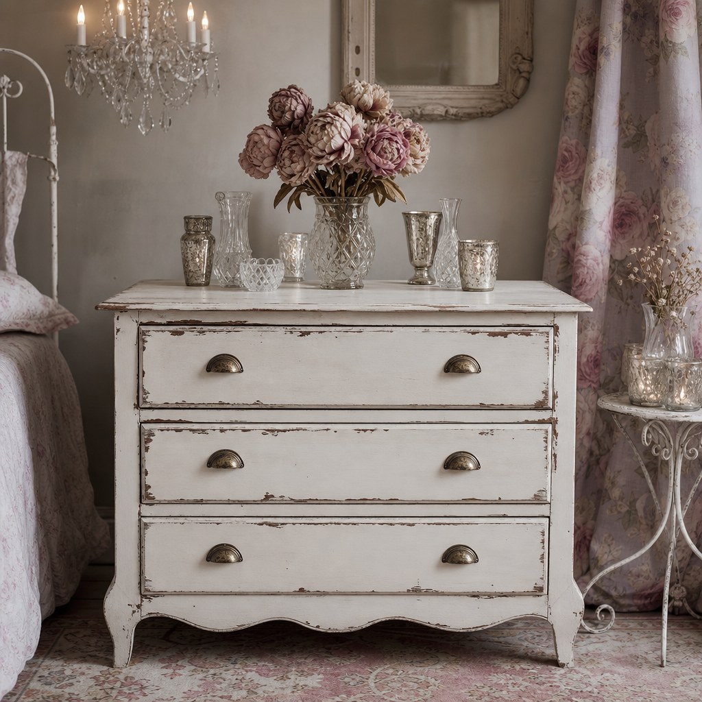 Shabby chic chalk-painted white distressed furniture: close-up of dresser with chipped paint at drawer corners, soft matte finish in Old White, brass bin-pull hardware, and a small vase of dried peonies on top