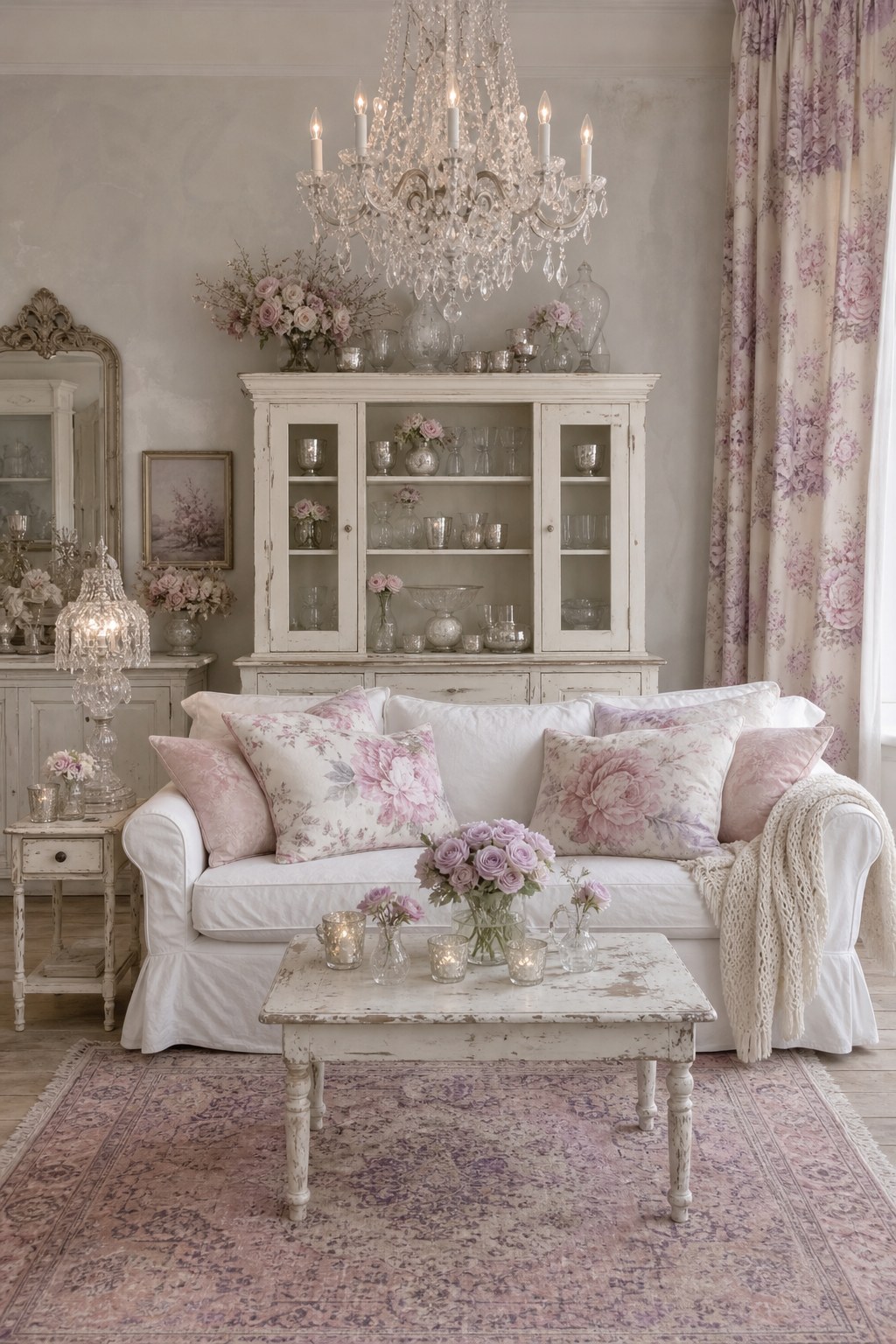 Shabby chic living room with white linen slipcovered sofa, floral throw pillows in dusty rose and ivory with peony print, soft cream knit throw draped over one arm, and a small distressed white side table with a vintage crystal lamp