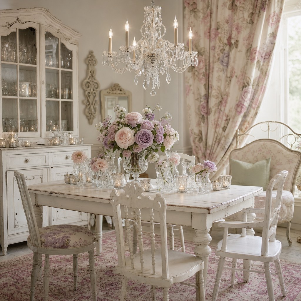 Shabby chic room with vintage-style crystal chandelier with five candle arms and teardrop crystal drops, softly lit with warm bulbs, hung above a white painted wood dining table with mismatched white chairs and floral centerpiece