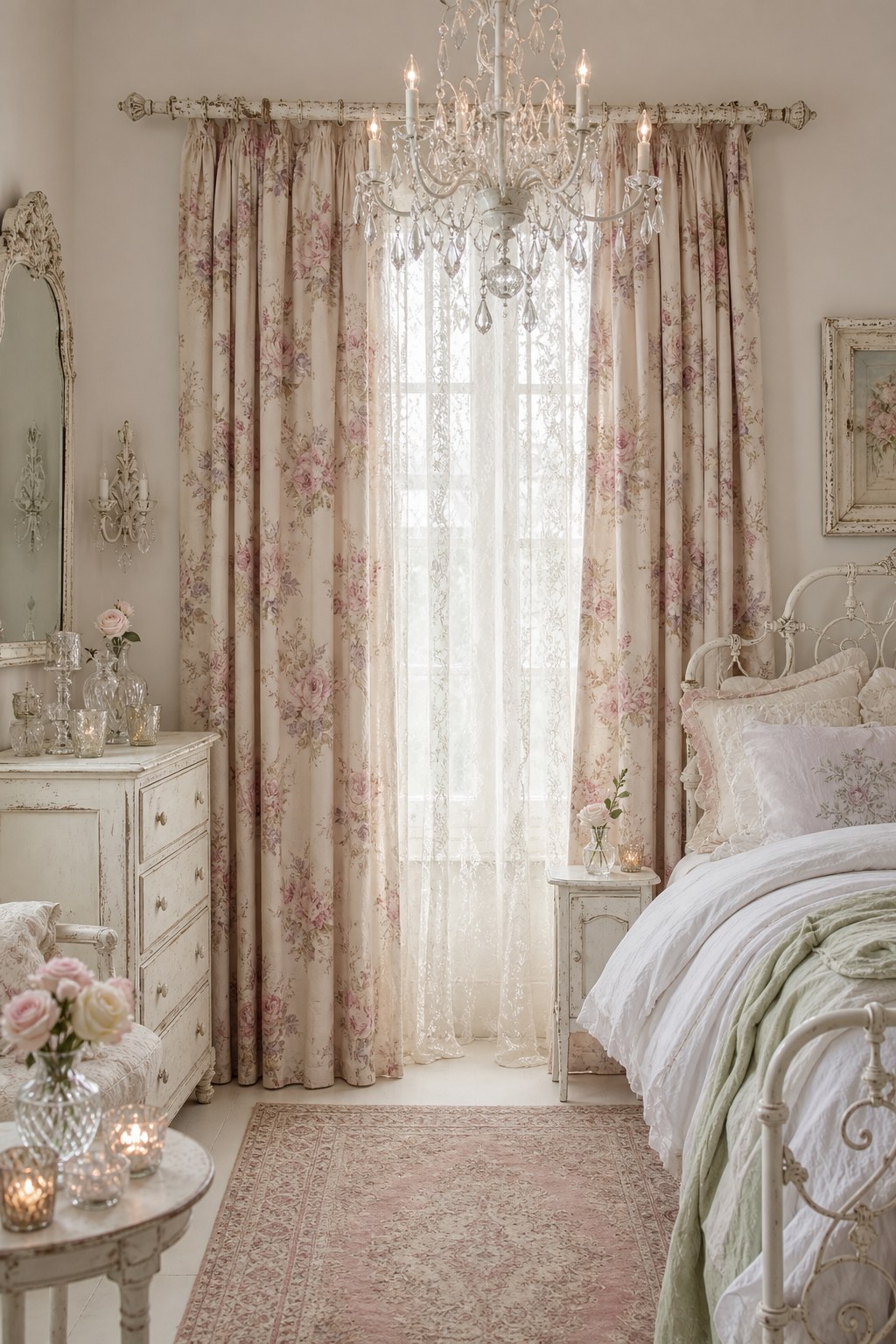 Shabby chic bedroom window with floor-to-ceiling floral curtains in dusty rose peony print on cream linen, softly filtered light through sheer lace under-curtain, distressed white wooden curtain rod with finials