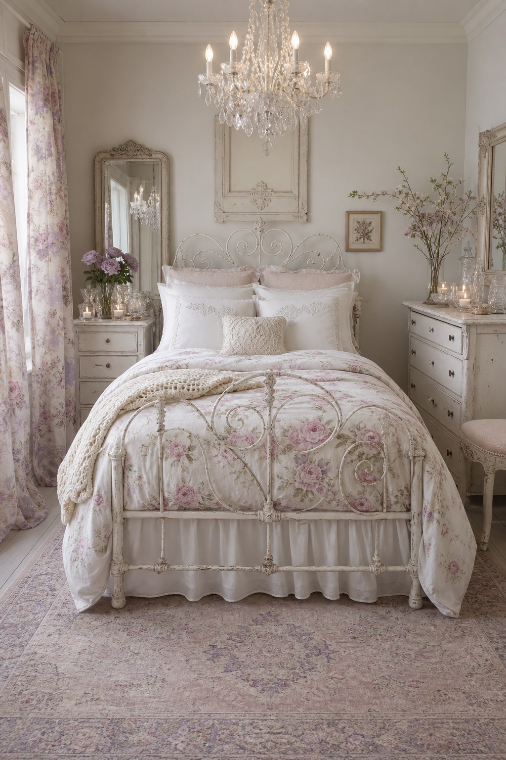 Shabby chic bedroom with white iron scroll bed frame, layered white and blush linen bedding with floral duvet cover, embroidered pillow shams, a vintage lace accent pillow, and cream knit throw at the foot of the bed