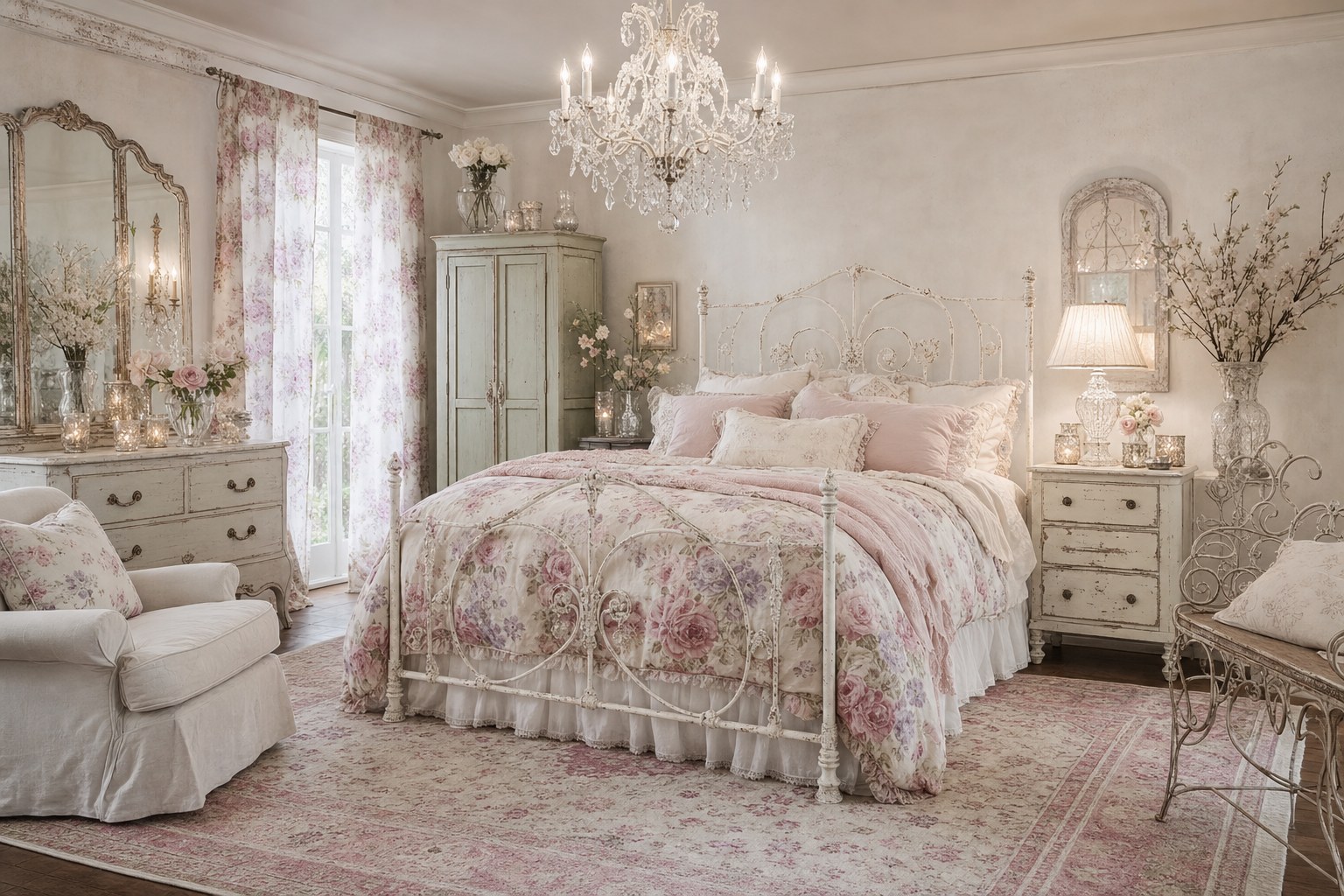 Shabby chic bedroom with white iron bed frame, layered floral duvet and linen pillows in blush and ivory, crystal chandelier overhead, distressed white nightstand with vintage crystal table lamp, and soft floral curtains filtering natural light