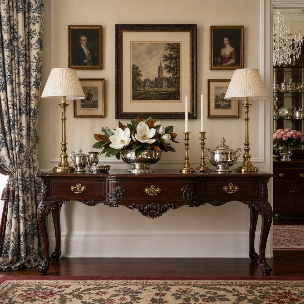 Southern traditional antique mahogany furniture: carved dark mahogany console table with cabriole legs and brass hardware, set against cream wall with crown molding, styled with brass candlesticks and dark wood framed art