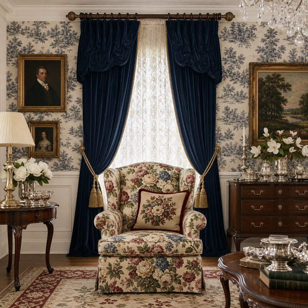 Southern traditional formal drapes: floor-length navy velvet curtain panels with gold tassel tiebacks, white lace sheer underneath, ornate curtain rod with finials, formal window treatment with jabot-style pleating at the top