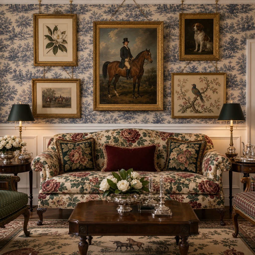 Southern traditional portrait wall: gallery of ornate gold-framed portrait oil paintings and hunt prints hung picture-rail style with visible cord, including equestrian portrait, botanical print, and chinoiserie bird-and-branch composition