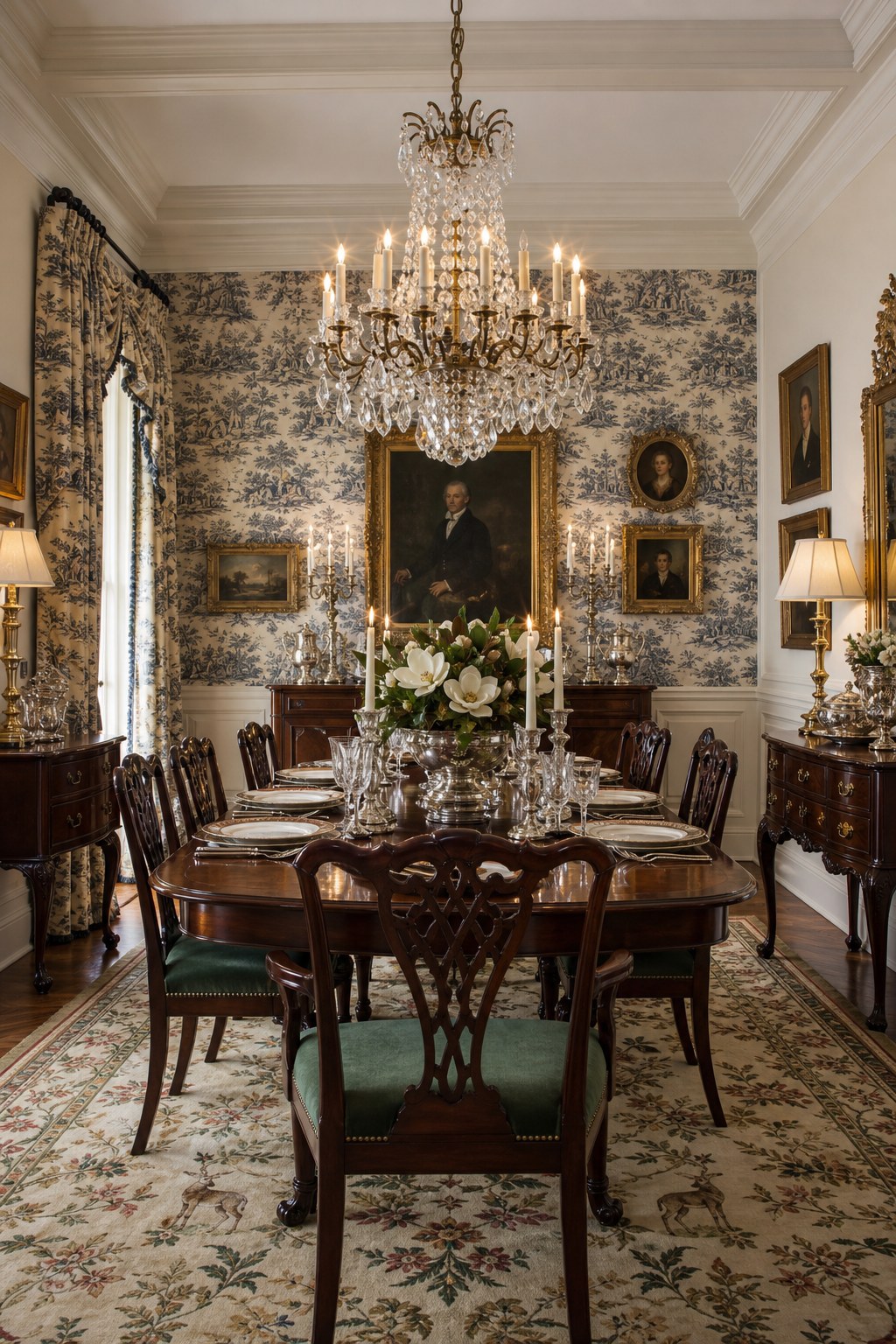 Southern traditional crystal chandelier: large crystal and brass chandelier with faceted crystal drops on antique brass arms, hanging in formal dining room with crown molding, casting warm prismatic light across mahogany dining table