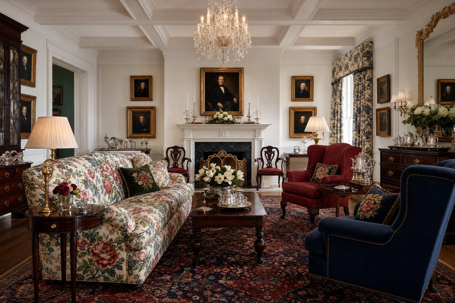 Southern traditional interior design: formal living room with dark mahogany furniture, navy and burgundy upholstery, crown molding, crystal chandelier, and layered Persian area rug in deep red and navy tones