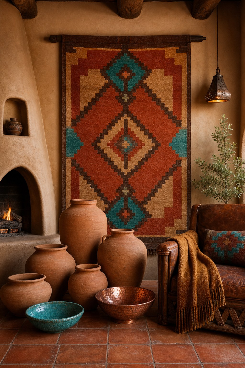 Southwestern desert palette layer: unglazed terracotta pots in graduated sizes on a saltillo tile surface, turquoise-glazed ceramic accent bowl, ochre wool throw draped over a leather chair arm, hammered copper decorative bowl catching warm light