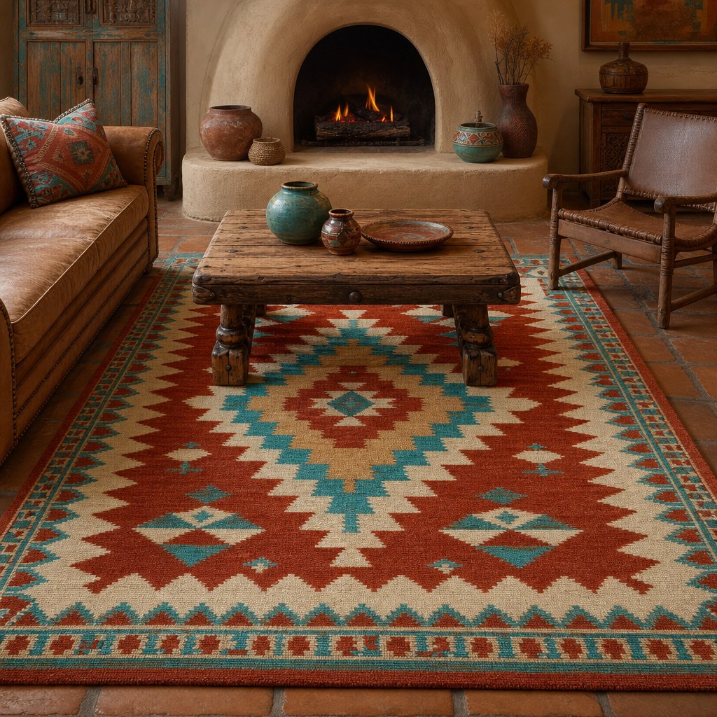 Navajo-inspired geometric wool area rug in terracotta red, turquoise, and natural undyed cream, geometric diamond and zigzag pattern, 5x8 foot size under a wood coffee table with leather seating visible at the edge