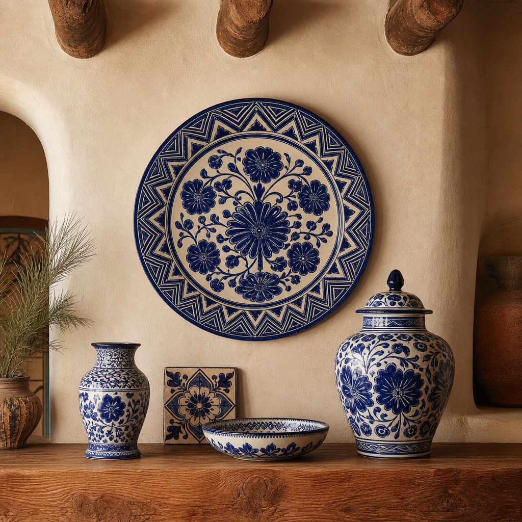 Talavera ceramic moment: hand-painted Mexican Talavera pottery in cobalt blue and white floral patterns displayed on a warm wood shelf against an adobe-white wall, small decorative tile and large wall-mounted decorative platter with bold geometric border