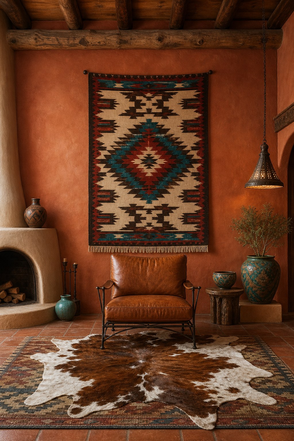 Southwestern cowhide and leather seating core: cowhide accent rug in natural brown and white pattern layered over a Navajo geometric wool rug, cognac leather accent chair with wrought iron legs, warm terracotta wall behind