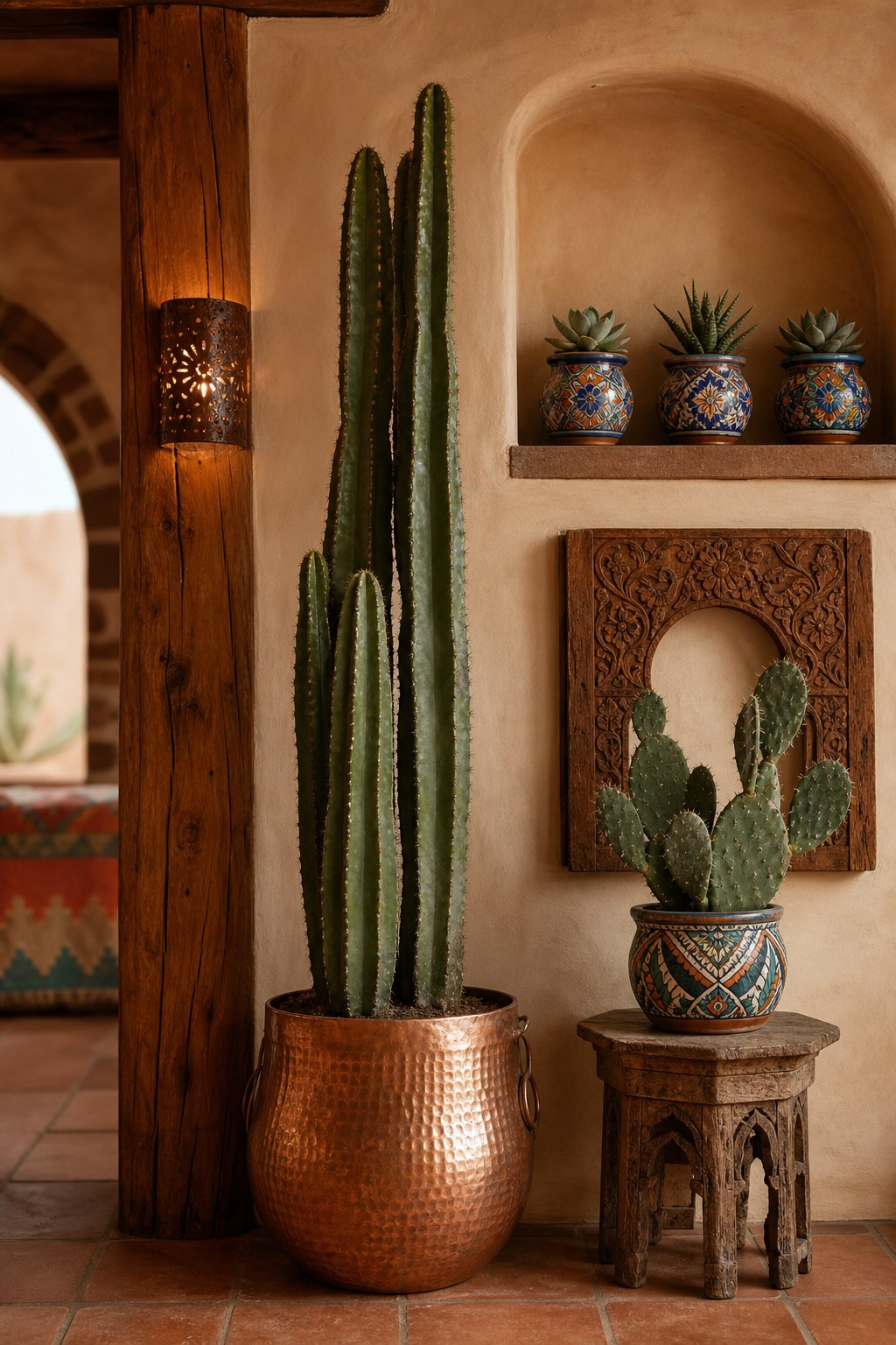 Desert plant installation in Southwestern interior: tall columnar cactus in hammered copper planter at floor level, prickly pear cactus on a carved wood stand at mid-height, three small succulent arrangements in Talavera-style ceramic pots on a shelf