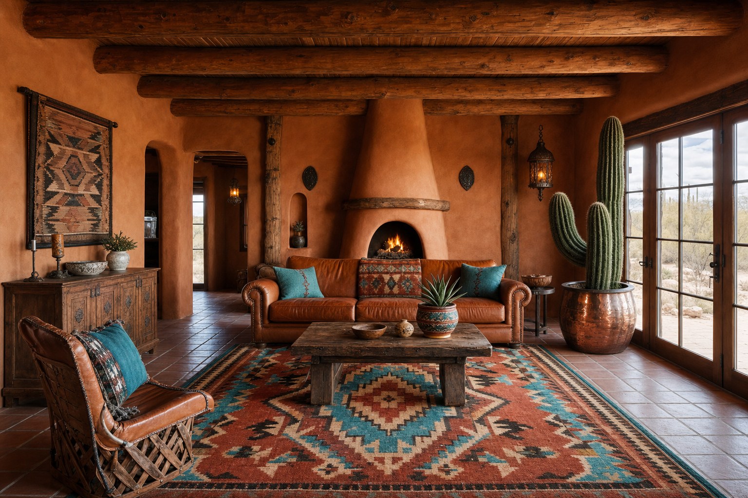 Southwestern interior design living room with terracotta adobe walls, exposed wood viga ceiling beams, Navajo-inspired geometric wool rug in terracotta and turquoise tones, leather sofa in cognac, and potted saguaro cactus in a hammered copper planter