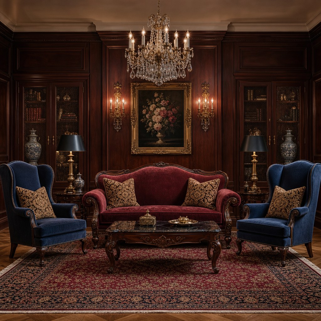 Traditional symmetry seating: matched wingback chairs flanking a camelback sofa, dark wood legs, damask throw pillows, Oriental rug underfoot